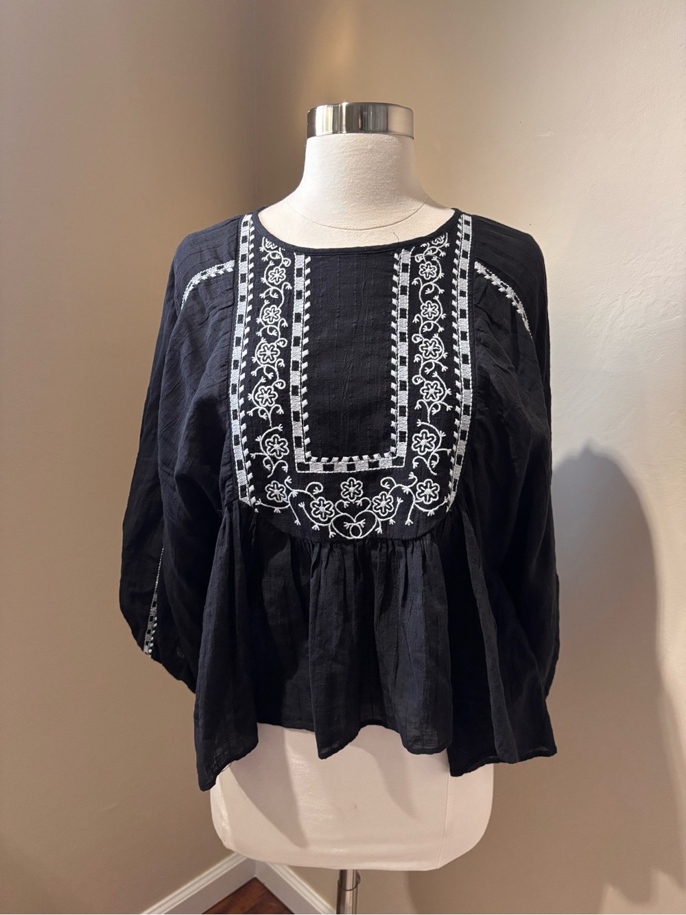H&M Black Peasant Tunic with White Floral Embroidery